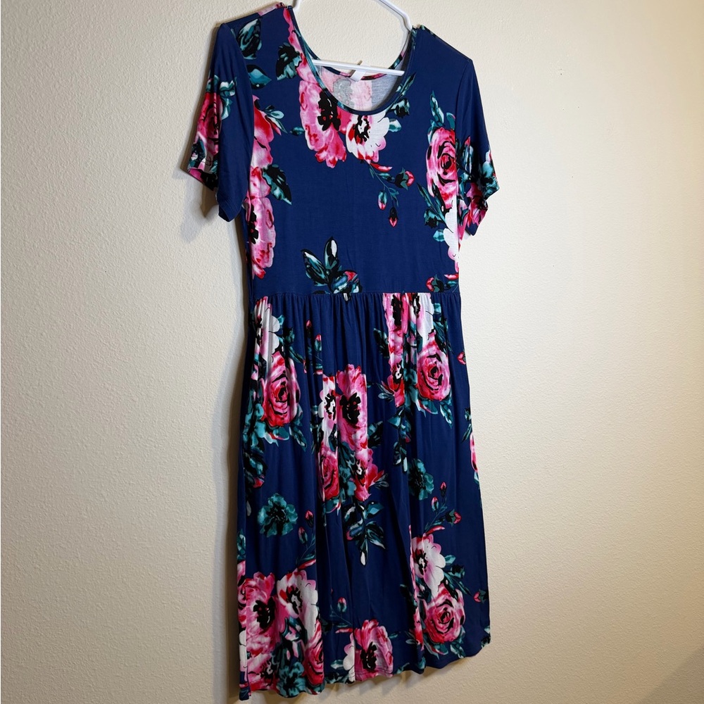 Navy Floral Short-Sleeve Midi Dress